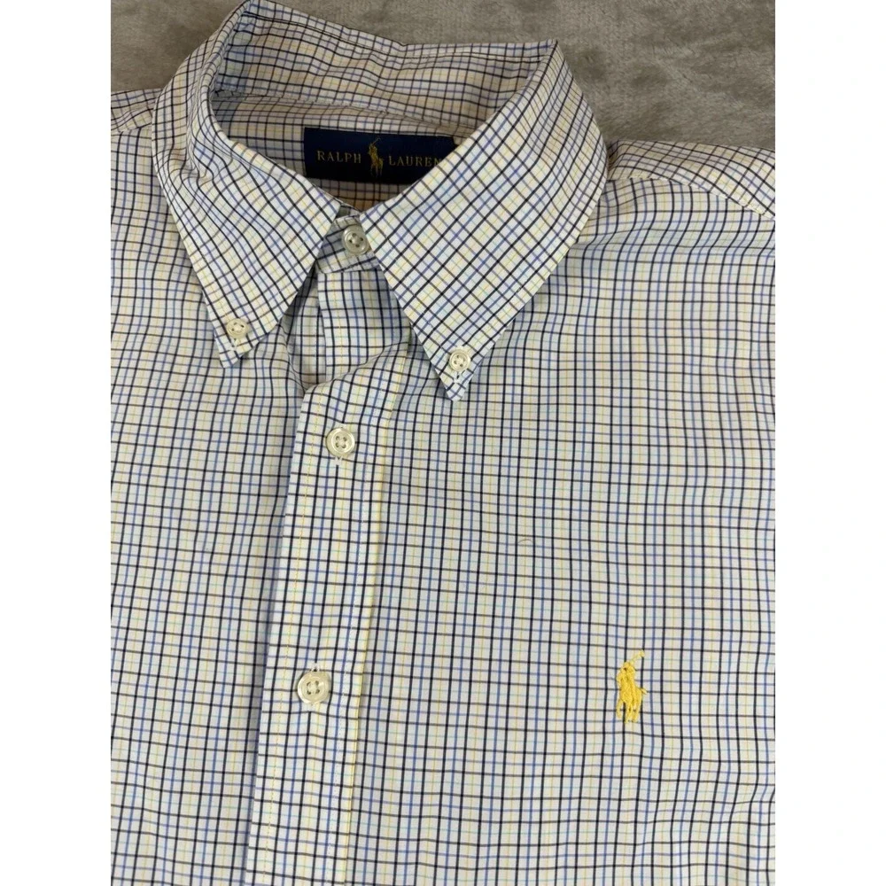 Polo Ralph Lauren Shirt Men 17 34/35 Yarmouth Classic Fit Blue Yellow Mini Check